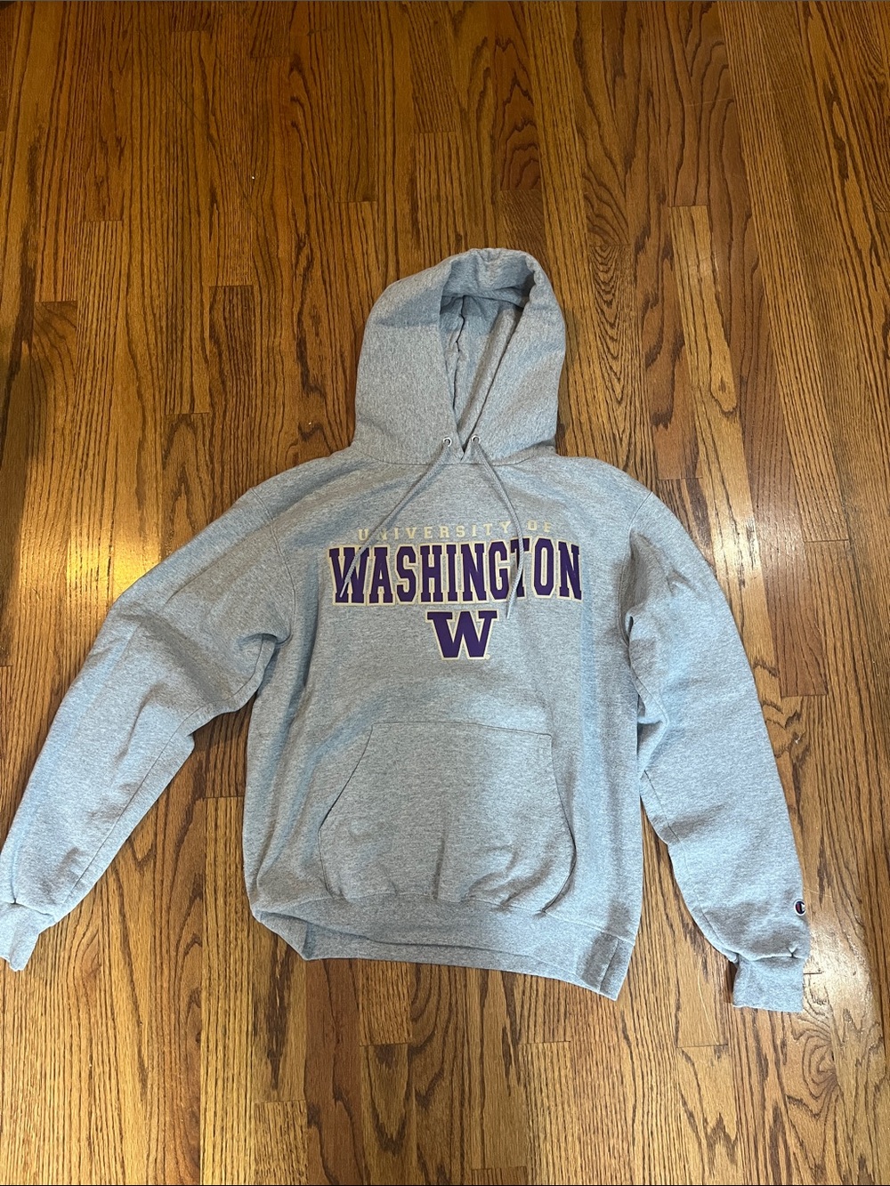 COPY: Champion Light Gray Hoodie with Purple Washington Crest